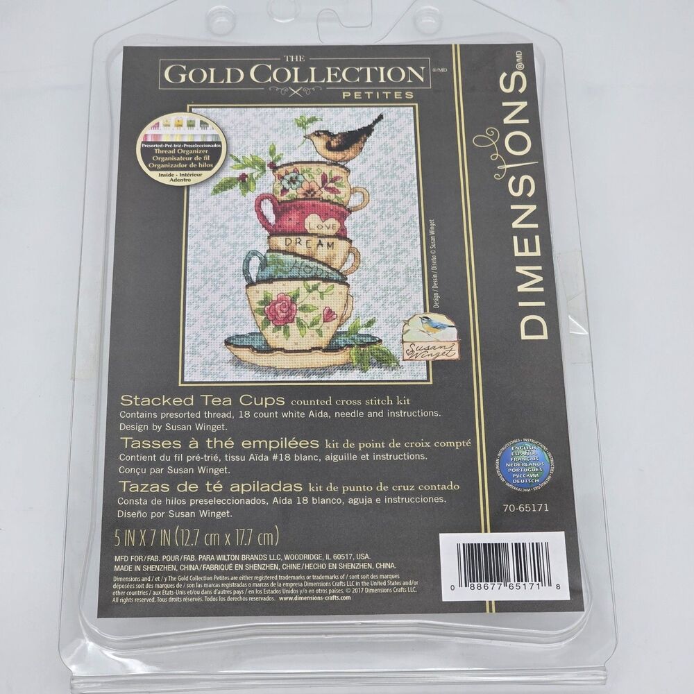 Dimensions Gold Collection Petites Stacked Tea Cups 5 x 7 Cross Stitch Kit - Picture 1 of 2